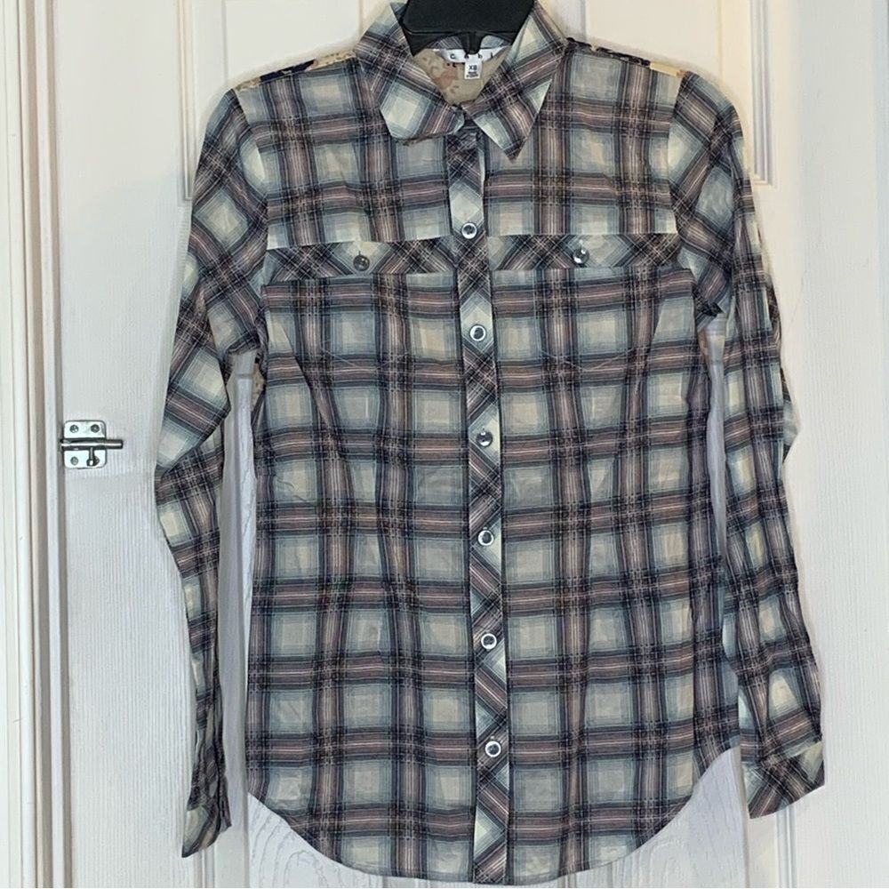 CAbi Plaid Floral Festival Shirt Size XS